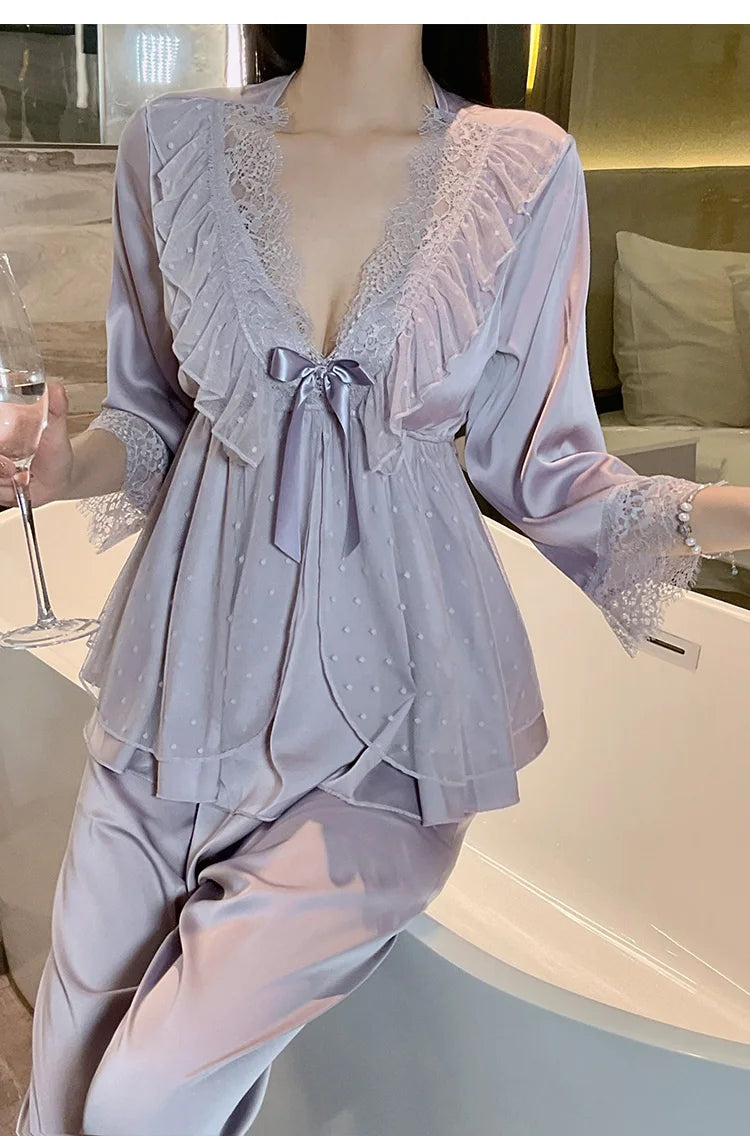 Set di indumenti da notte per la casa in raso di pizzo e pizzo da donna, pantaloni con top in pizzo dolce a V profondo, due pezzi di vestiti per la casa di grandi dimensioni bianco nero viola