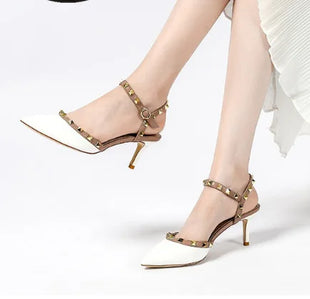 Lady autentici sandali in pelle cinturino con fibbia tacchi alti sottili scarpe alla moda Lock Gold Studs Dress Pumps 33-41 25cm White Blac