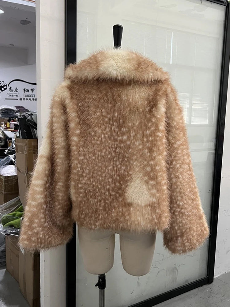 ZADORIN New Chic Deer-print Faux Fur Jackets Elegant Lapel Loose-fit Fluffy Faux Fur Coat Woman Plush Fur Coats Winter Outerwear