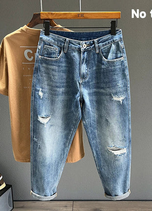 Ripped Jeans Men New Personality Fashion Vintage Blue Streetwear Baggy Denim Pants Casual Tapered Hole Frayed Trousers Male PlatiNum