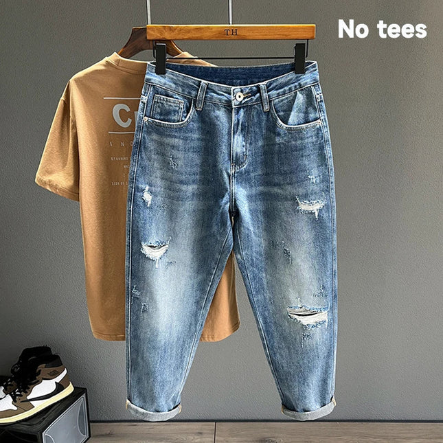 Ripped Jeans Men New Personality Fashion Vintage Blue Streetwear Baggy Denim Pants Casual Tapered Hole Frayed Trousers Male PlatiNum