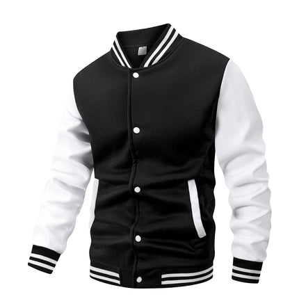 Men's Fleece-Lined Varsity Jacket Autumn Winter Warm Color Block Baseball Jacket Button Front & Striped Cuffs Retro Casual Coat
