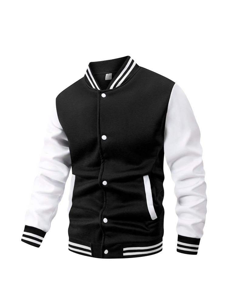 Men's Fleece-Lined Varsity Jacket Autumn Winter Warm Color Block Baseball Jacket Button Front & Striped Cuffs Retro Casual Coat