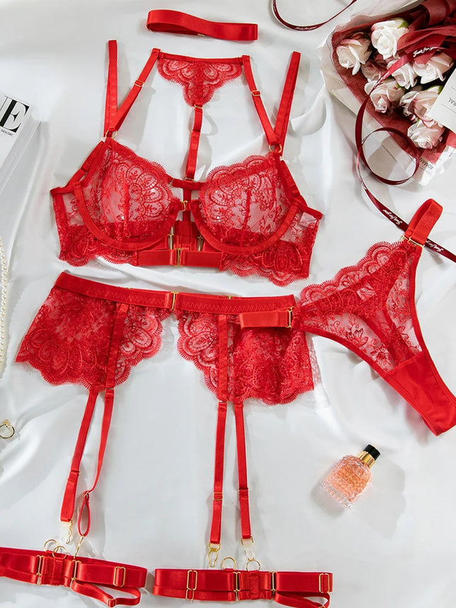 2024 New Erotic Set See-Through Embroidered Sexy Eyelash Lace Body Shaping Lingerie Five-Piece Set Women Onlyfan