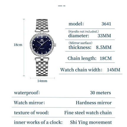 OLEVS 3641 Elegante orologio al quarzo da donna impermeabile Quadrante stellato luminoso in acciaio inossidabile con confezione regalo - Accessorio alla moda da donna platinumshop
