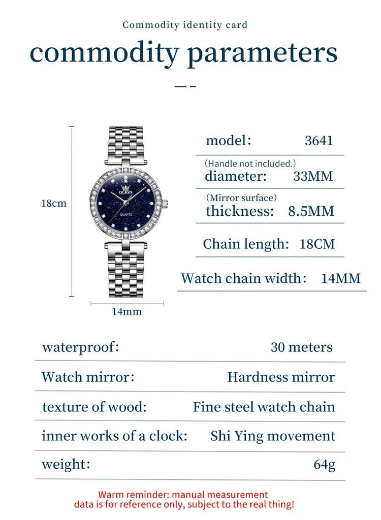 OLEVS 3641 Elegante orologio al quarzo da donna impermeabile Quadrante stellato luminoso in acciaio inossidabile con confezione regalo - Accessorio alla moda da donna platinumshop