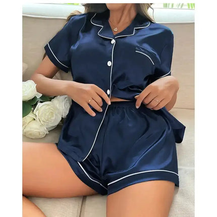 Pigiama da donna in raso di seta estivo Set Top e pantaloncini abbottonati 2 pezzi indumenti da notte colletto dentellato indumenti da notte Loungewear per le donne platinumshop