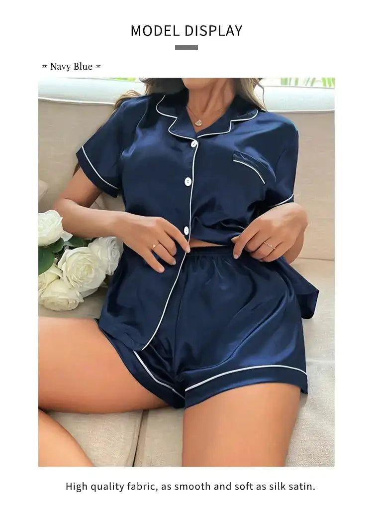 Pigiama da donna in raso di seta estivo Set Top e pantaloncini abbottonati 2 pezzi indumenti da notte colletto dentellato indumenti da notte Loungewear per le donne platinumshop