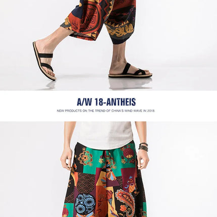 Pantaloncini Estivi Harajuku Larghi con Stampa, Traspiranti, Casual, Lunghezza al Polpaccio, Nuovi Pantaloni da Uomo in Cotone e Lino Oversize Stile Lanterna