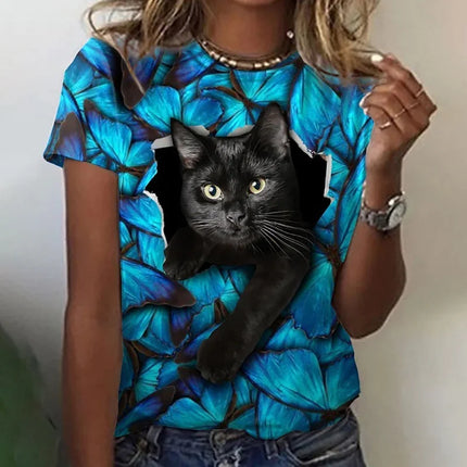 T-shirt mignonne en forme de chat pour femme, avec impression 3D animal de compagnie, manches courtes, hauts décontractés d'été, T-shirts amples Streetwear à col rond