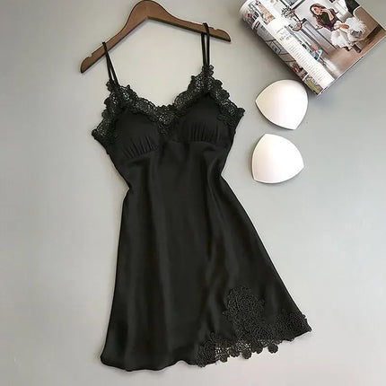 Abito da notte sexy in raso di seta da donna Camicie da notte senza maniche Camicia da notte con scollo a V Camicia da notte Indumenti da notte in pizzo Indumenti da notte per le donne Top da notte