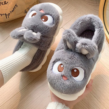 Chaussons d'intérieur en peluche chaude d'hiver en fourrure de lapin panda de dessin animé, pantoufles plates moelleuses thermiques amusantes pour femmes