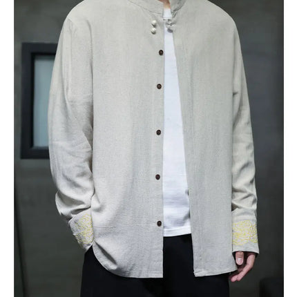 Camicie da Uomo di Alta Qualità con Ricami in Stile Cinese, Colletto Rialzato Retrò, in Lino Comodo e Traspirante, Camicie Casual da Uomo
