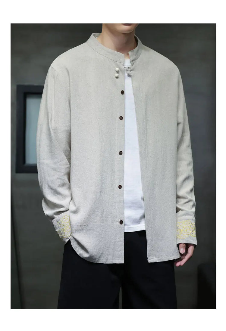 Camicie da Uomo di Alta Qualità con Ricami in Stile Cinese, Colletto Rialzato Retrò, in Lino Comodo e Traspirante, Camicie Casual da Uomo