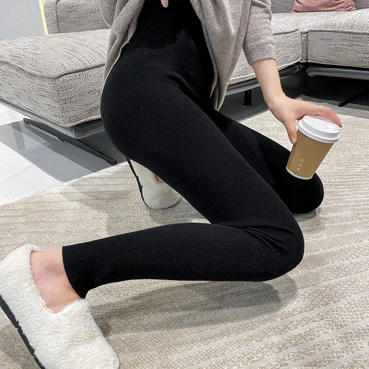 Autumn Winter Women Wool Thickening Leggings High Waist Ribbed Vertical Stripe Casual Knitted Leggings Warm Wear out Pantyhose PlatiNum