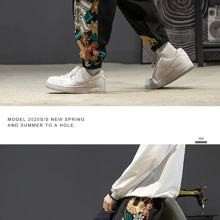 Pantaloni casual alla moda Abbigliamento da uomo Cotone Samurai giapponese Ricamo Patchwork Pantaloni Harem Pantaloni Harajuku oversize da uomo