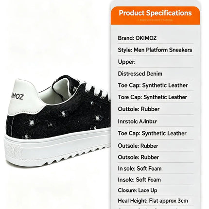 Okimoz Men Height Increasing Distressed Ripped Platform Canvas Sneakers Autumn Winter Low Top Lace Up Casual Campus Daily Skate