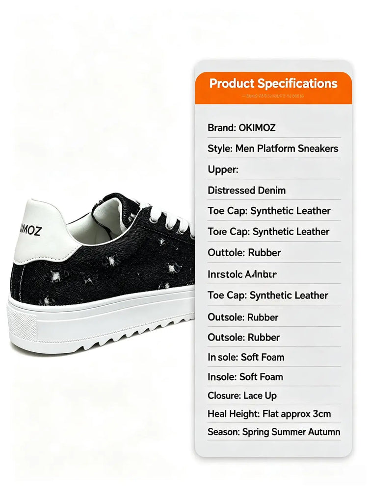 Okimoz Men Height Increasing Distressed Ripped Platform Canvas Sneakers Autumn Winter Low Top Lace Up Casual Campus Daily Skate