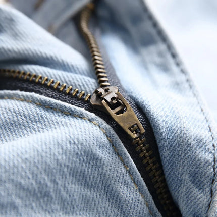 Casual Men's Light Blue Denim Jeans Ripped Straight Leg Slim Fit Non-Elastic Torn Casual Style Chinese Production PlatiNum