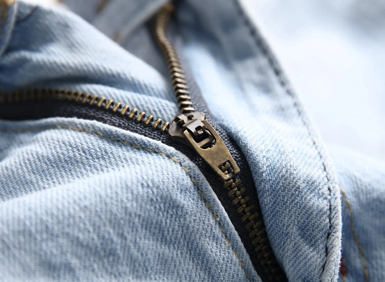 Casual Men's Light Blue Denim Jeans Ripped Straight Leg Slim Fit Non-Elastic Torn Casual Style Chinese Production PlatiNum