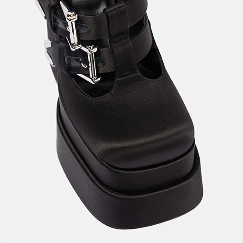 Arden Furtado Black silk Platform Pumps Square toe Belt buckle Super high heel Sexy Catwalk shoes Large size high-heeled shoes