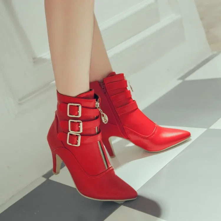 Women Shoes  Boots Spring High Heels Ankle Boots Pointed Toe Buckle  Boots Zip Ladies Shoes White Big Size 2023