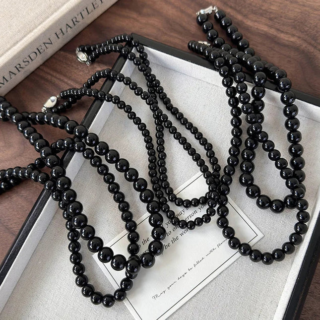 Collana con perline in vetro nero da 6, 8, 10 mm Minar Simple per donna, girocollo con chiusura a T placcata argento, pendenti PlatiNum