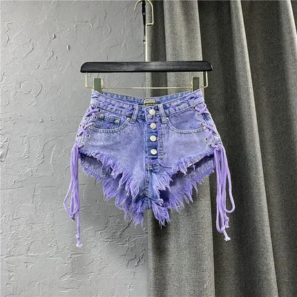 Nuovi Shorts Estivi da Donna 2026 Viola, Sexy a Vita Bassa, con Bottoni, in Denim a Trapezio con Bretelle, Hot Pants Femminili