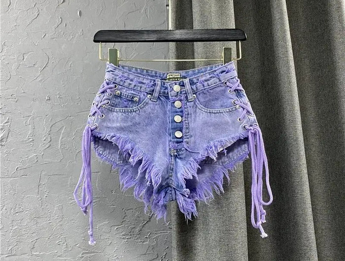 Nuovi Shorts Estivi da Donna 2026 Viola, Sexy a Vita Bassa, con Bottoni, in Denim a Trapezio con Bretelle, Hot Pants Femminili