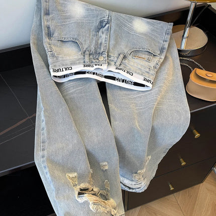Jeans Vintage Americani Strappati e Patchwork per Donna, Blu Chiaro, Vita Alta, Gamba Larga, Pantaloni in Denim per Primavera e Autunno