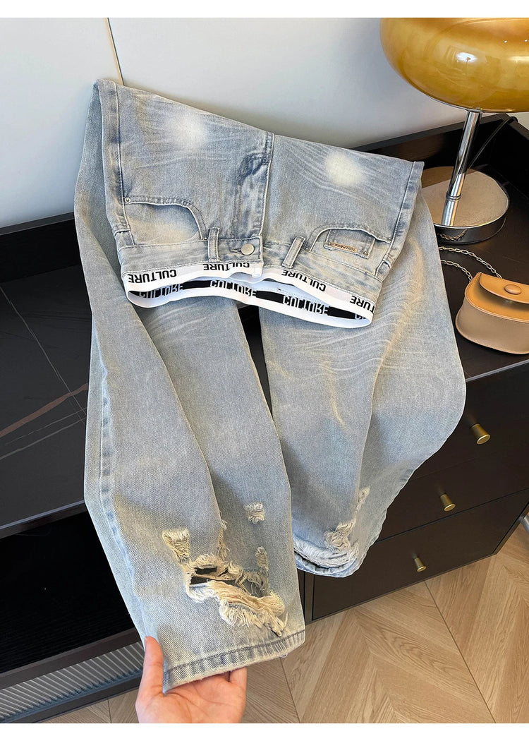Jeans Vintage Americani Strappati e Patchwork per Donna, Blu Chiaro, Vita Alta, Gamba Larga, Pantaloni in Denim per Primavera e Autunno
