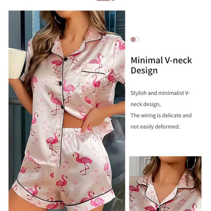 Pigiama da donna Pj Set Pigiama in raso con stampa a cuore Casual Manica corta Colletto con risvolto Top e pantaloni Indumenti da notte e pigiama per adulti platinumshop