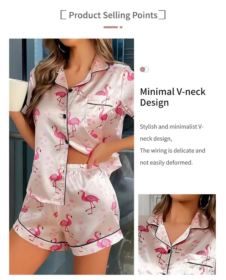 Pigiama da donna Pj Set Pigiama in raso con stampa a cuore Casual Manica corta Colletto con risvolto Top e pantaloni Indumenti da notte e pigiama per adulti platinumshop