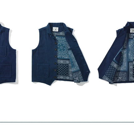 Vintage Lapel Waistcoat Men Autumn Winter New Kendo Fabric Multi-pocket Indigo Jacket Suit Vest Handmade Blue Dyed Cardigan Coat
