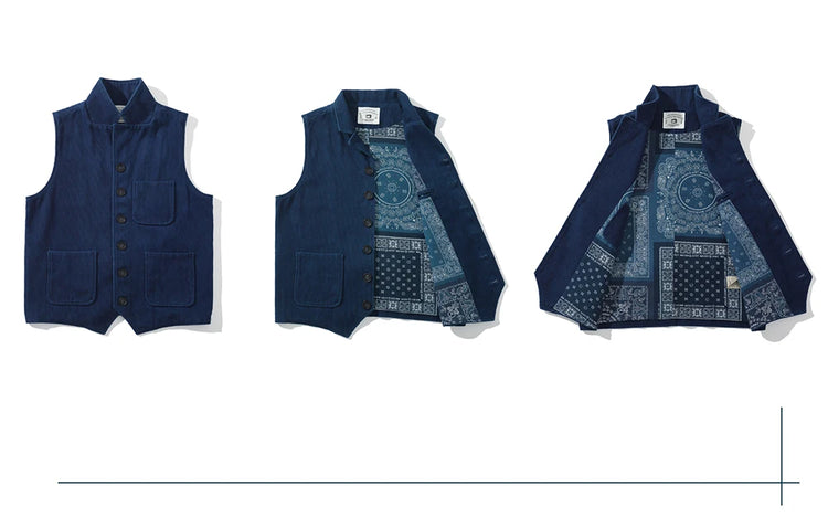 Vintage Lapel Waistcoat Men Autumn Winter New Kendo Fabric Multi-pocket Indigo Jacket Suit Vest Handmade Blue Dyed Cardigan Coat