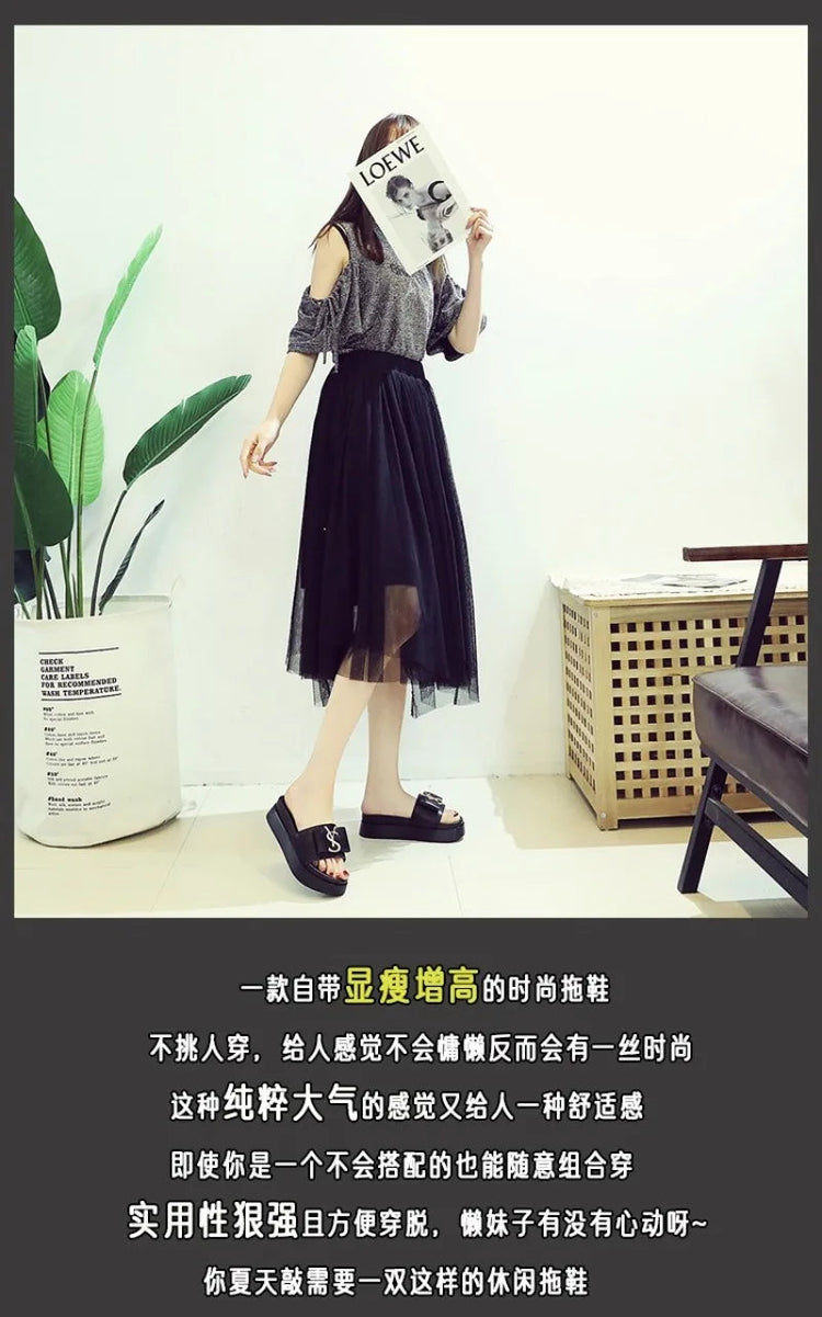 2025 Summer New Women's Fashion Letter Designer Sandals Casual Thick Bottom Round Toe Leather Beach Shoes Женские Сандалии PlatiNum
