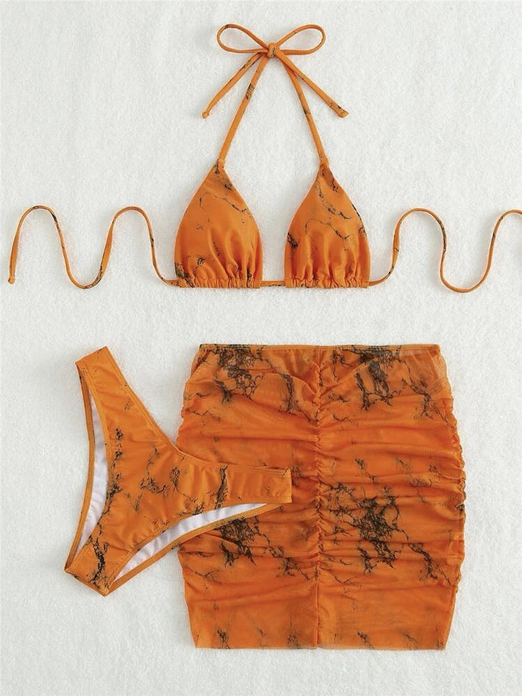 3 pezzi perizoma Bikini con gonna marmo texture costume da bagno donna costume da bagno Set costumi da bagno femminili abbigliamento da spiaggia nuoto estate platinumshop