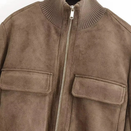 Ladies Short Vintage Faux Suede Autumn Winter Jacket Women Coat Stand-Collar Zip-up Field Trendy Streetwear Chic Jacket Female