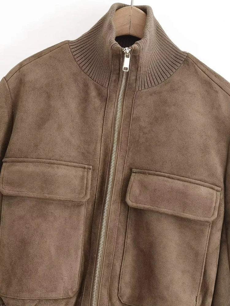 Ladies Short Vintage Faux Suede Autumn Winter Jacket Women Coat Stand-Collar Zip-up Field Trendy Streetwear Chic Jacket Female