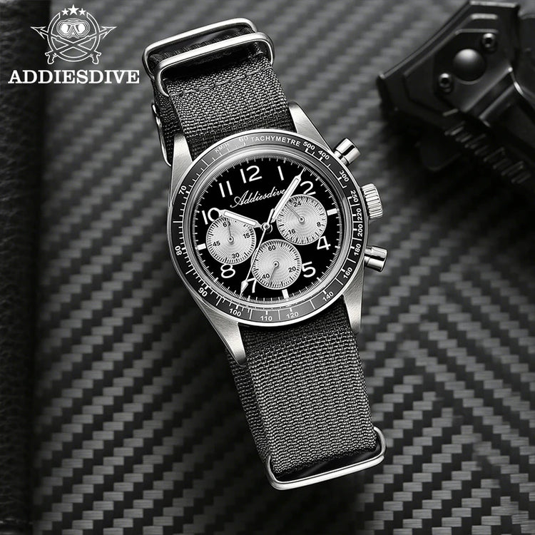 ADDIESDIVE Men's Chronograph Quartz Watch 37mm Bubble Glass 100m Waterproof Watches Ceramic Bezel BGW9 Luminous Sport Wristwatch