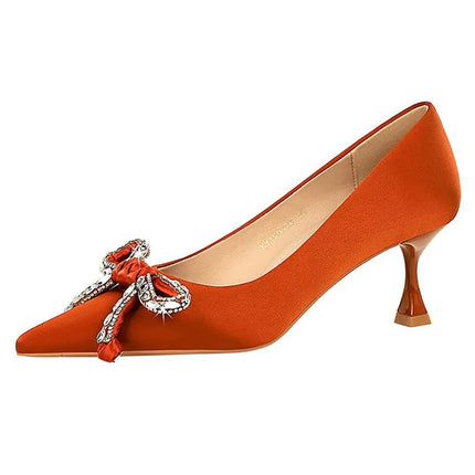 2025 nuevos tacones altos de 10 cm, zapatos de mujer con lazo de diamantes de imitación, punta puntiaguda, tacón de seda, zapatos de salón de mujer, tacón de copa de vino, zapatos de fiesta de primavera con tacón de aguja