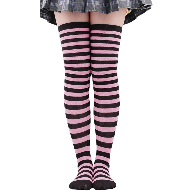 Calze alte alla coscia da donna a righe da donna nere bianche rosa lunghe sopra sopra calzini al ginocchio femboy Cosplay Lolita Harajuku Y2k