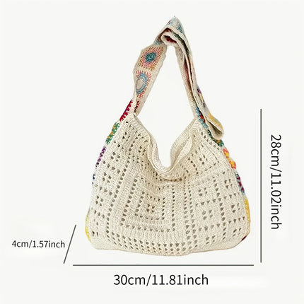 Borsa tote da donna in stile boho con motivo floreale all'uncinetto, borsa a tracolla in maglia intrecciata di grande capacità, borsa da spiaggia estiva per ragazze