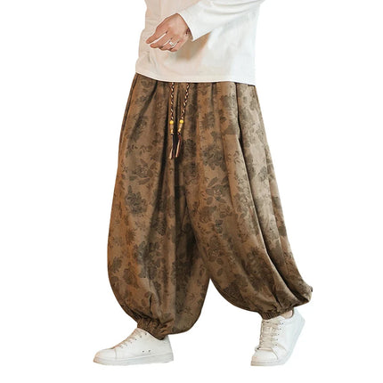 Pantaloni di alta qualità per uomo stile cinese fiore scuro velluto a coste Bloomers casual elastico in vita moda pantaloni larghi a gamba larga maschile