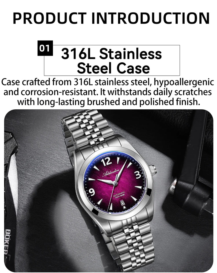 ADDIESDIVE Watch Sapphire New AD2560 Men Automatic Watches 8215 Mechanical Purple Dial Luminous Waterproof 200m Dive Wristwatch