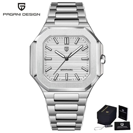 PAGANI DESIGN 37MM Orologio al Quarzo di Alta Gamma, Quadrato, Semplice ed Elegante, con Cristallo Zaffiro, Cassa in Acciaio Inossidabile, Regalo per Uomo