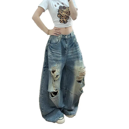 Jeans da donna stile americano vintage lavato con strappi, a gamba larga e dritta, vita alta, lunghezza maxi