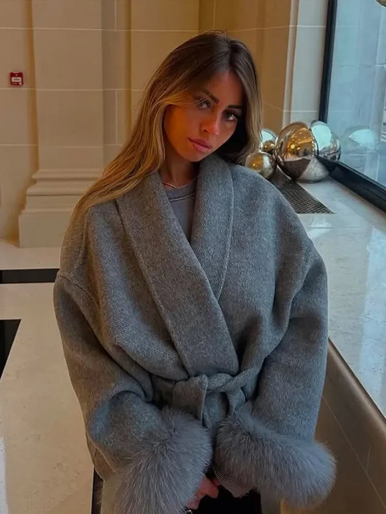 Women Grey Fur Splicing Woolen Coat Casual Belt Full Sleeve Lapel Loose Cardigan Outwear 2025 Lady Winter New Highstreet Jacket