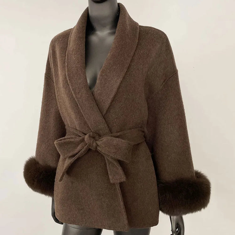 Elegant OL Office Lady Overcoats Fur Patchwork Long Sleeve Woolen Coat Beautiful Women's Clothing Jacket Autumn 2025 Spring