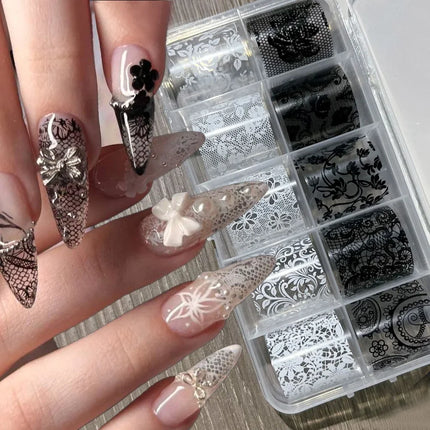 10 Rolls 4x50CM Black White Lace Transfer Nail Sticker Sexy Flower Lace Nail Art Transfer Foils Paper for DIY Manicure Decals*@# 2028